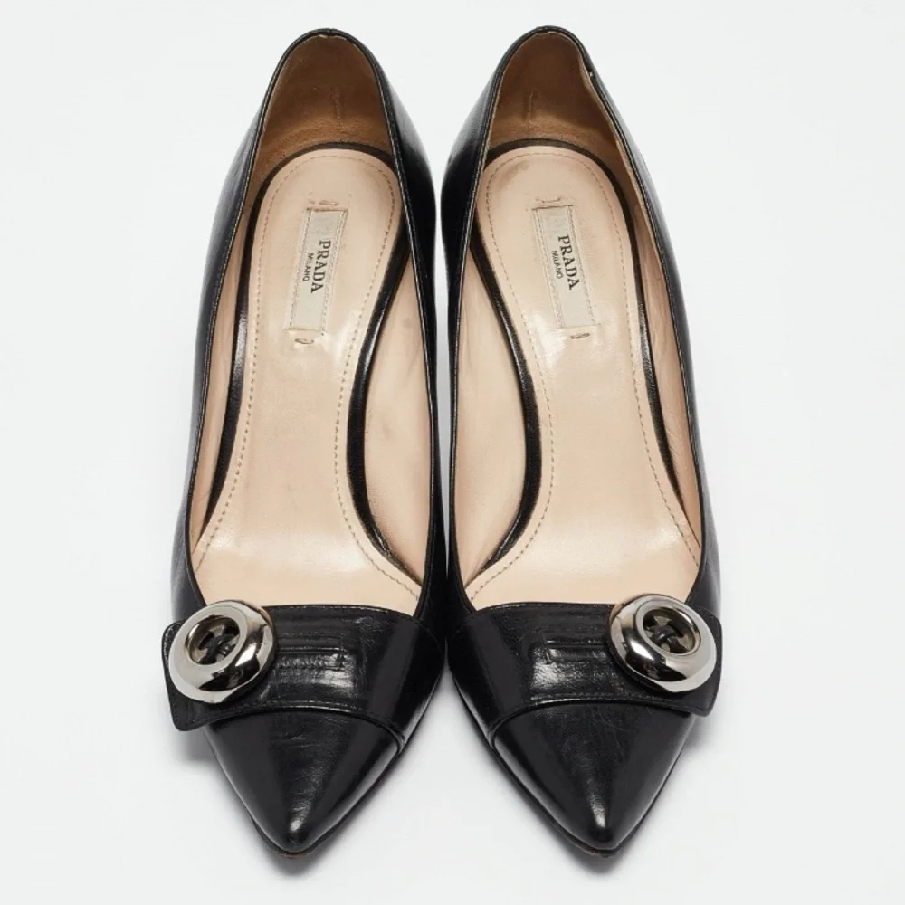 PRADA Black Leather Pointed Toe Button Accent Pumps Heels Shoes Size 38